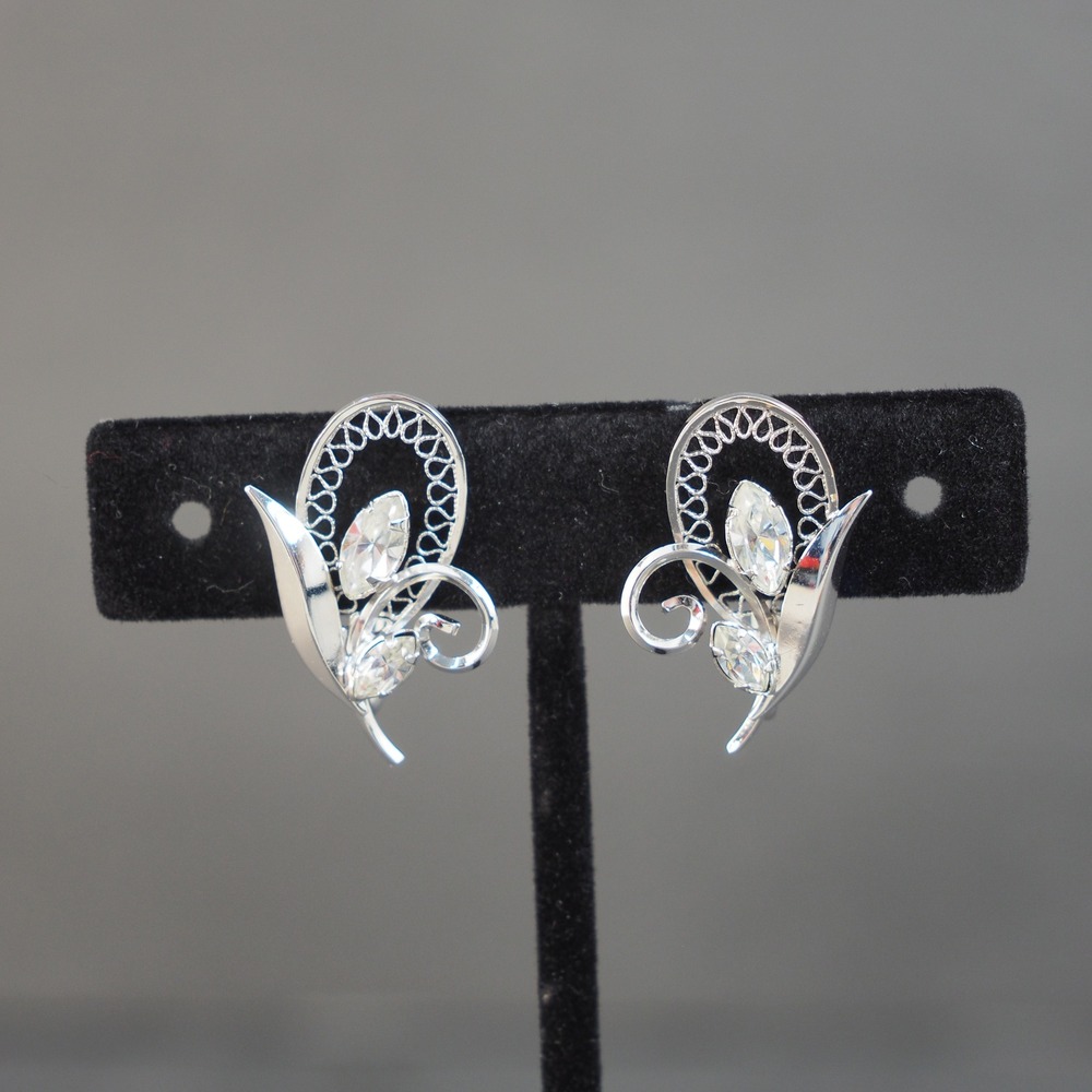 Vintage Earrings Screw Back Flower Floral Rhinestone Sterling Silver Filigree - Picture 1 of 5